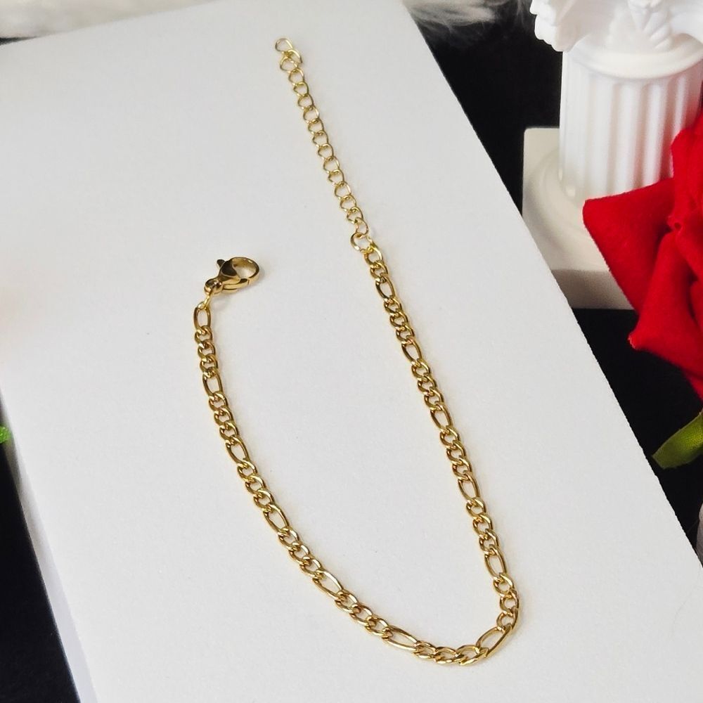 Gold Figaro Chain Bracelet 3mm Adjustable Stainless Steel Classic Link 7–8.5"